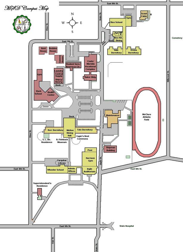 MSD Campus Map - see text description below of building locations by street