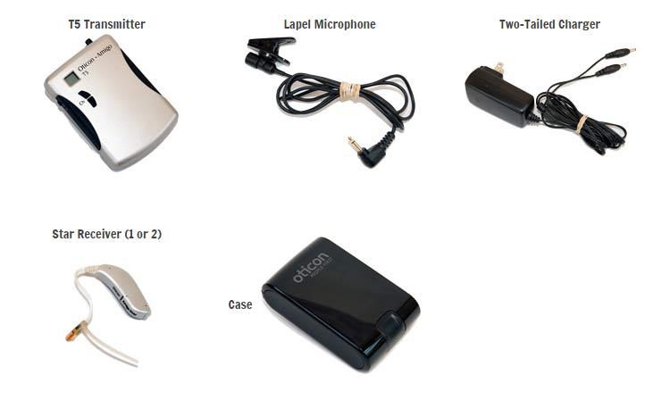 T5 Transmitter, Lapel Microcphone, Two-tailed Charger, Star Receiver (1 or 2) and Case