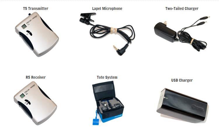 T5 Transmitter, Lapel Microphone, Two-Tailed Charger, R5 Receiver, Tote System, USB Charger
