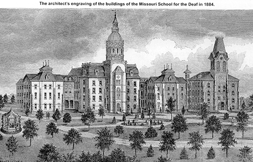 Architect's engraving of the campus from 1884