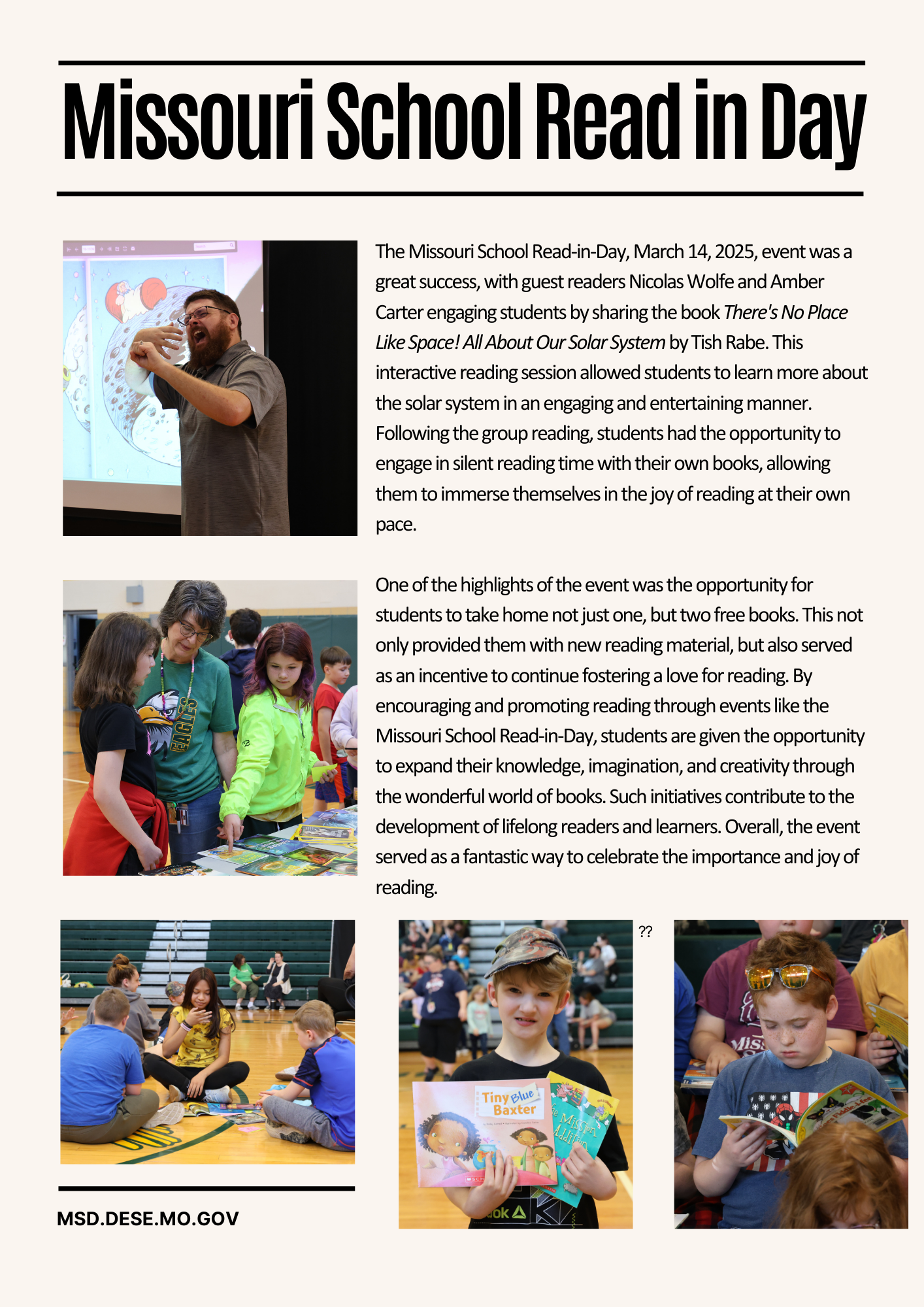 MSD has two guest speakers, silent reading, and free books for Missouri School Read in Day.