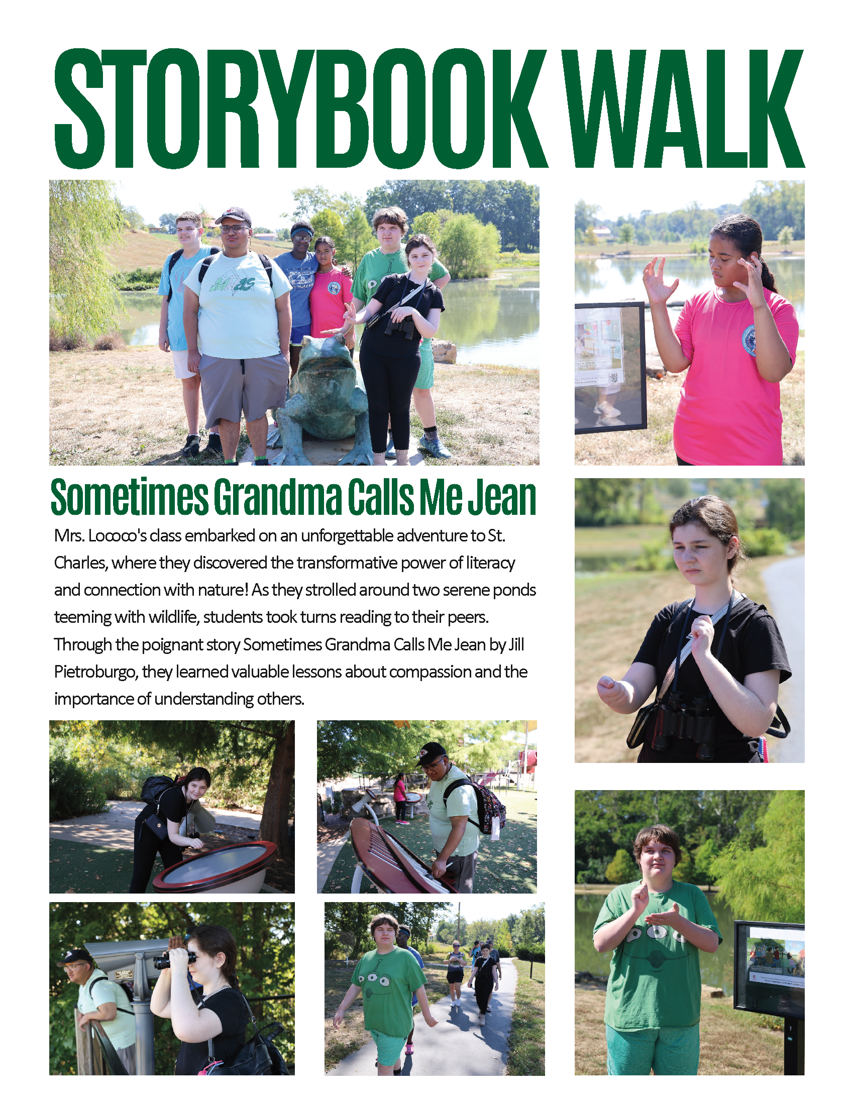 Storybook Walk class field trip for high school students. Photos of the walk, reading, and playing on the playground equipment.