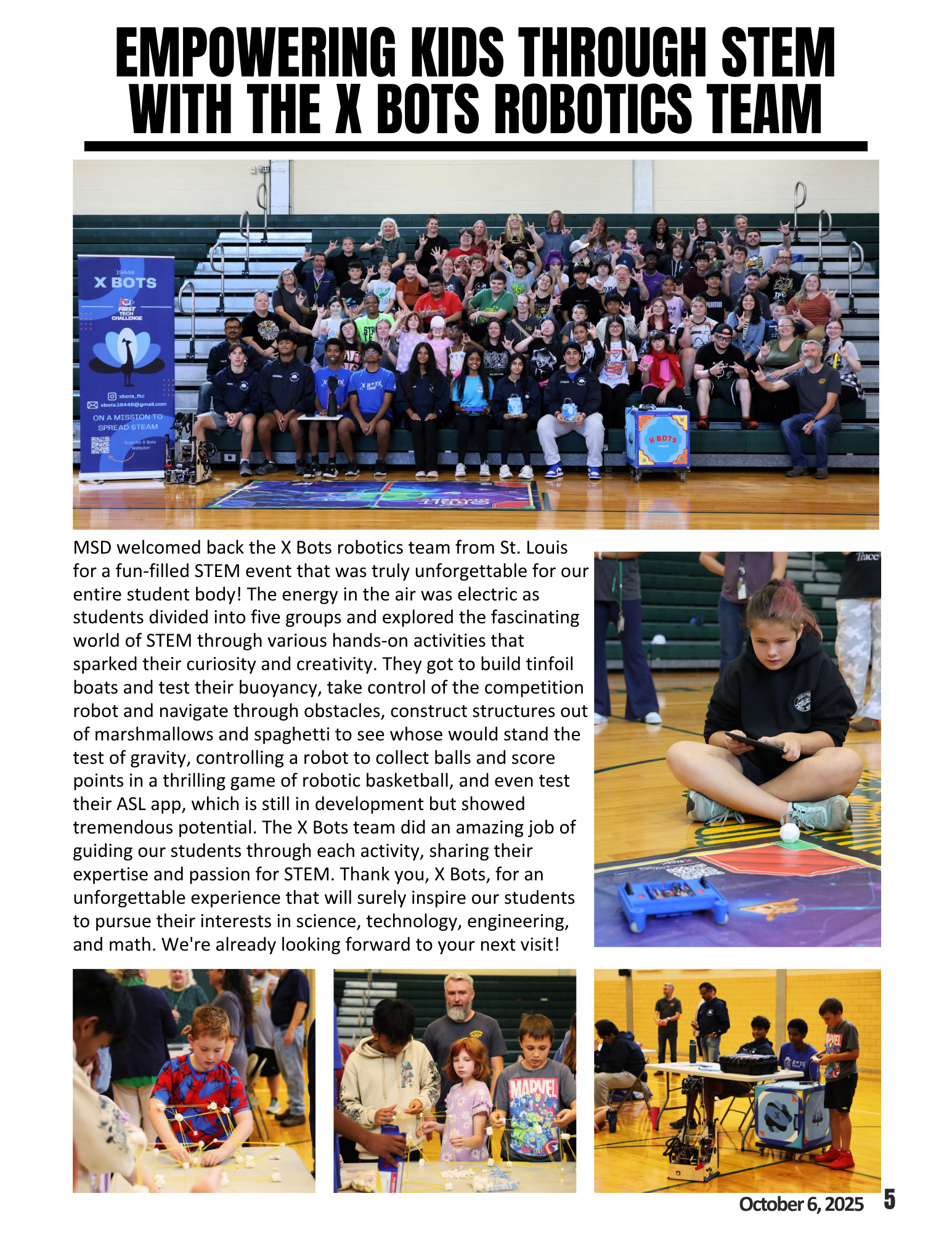 Article on the X Bots Robotics teams visit to MSD for a STEM day, the article includes photos of students engaged in STEM activities.
