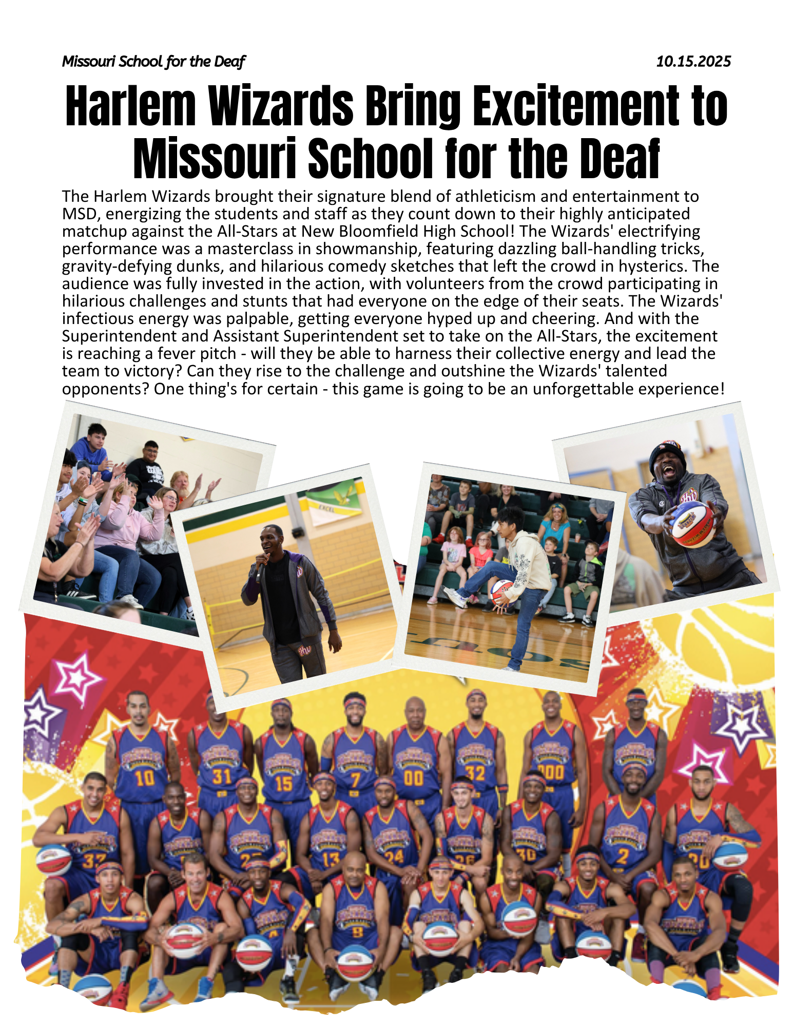 Article on the Harlem Wizards Basketball assembly at Missouri School for the Deaf, it includes photos from their visit.