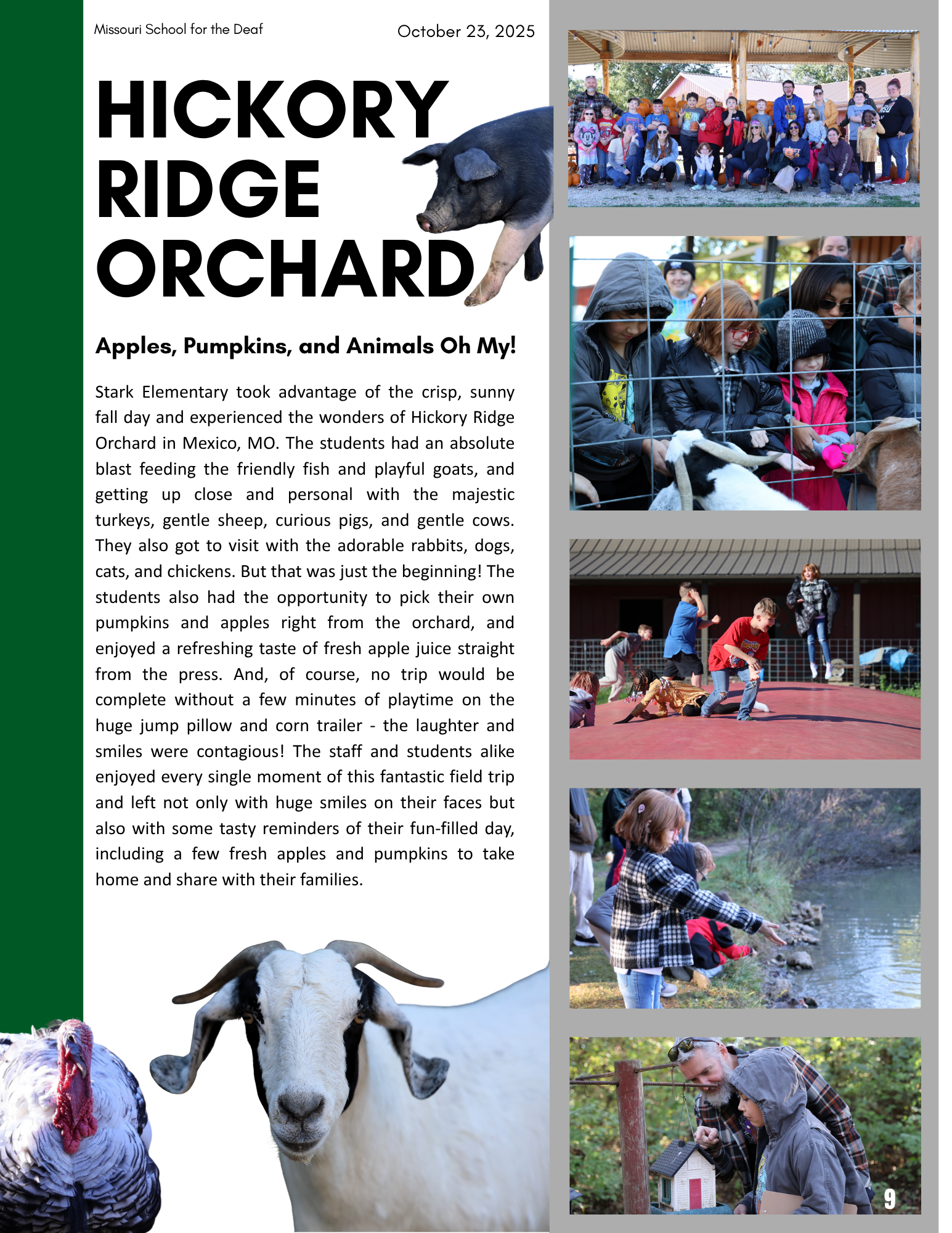 Article on the Hickory Ridge Orchard elementary field trip with photos of students and staff enjoying the farm.