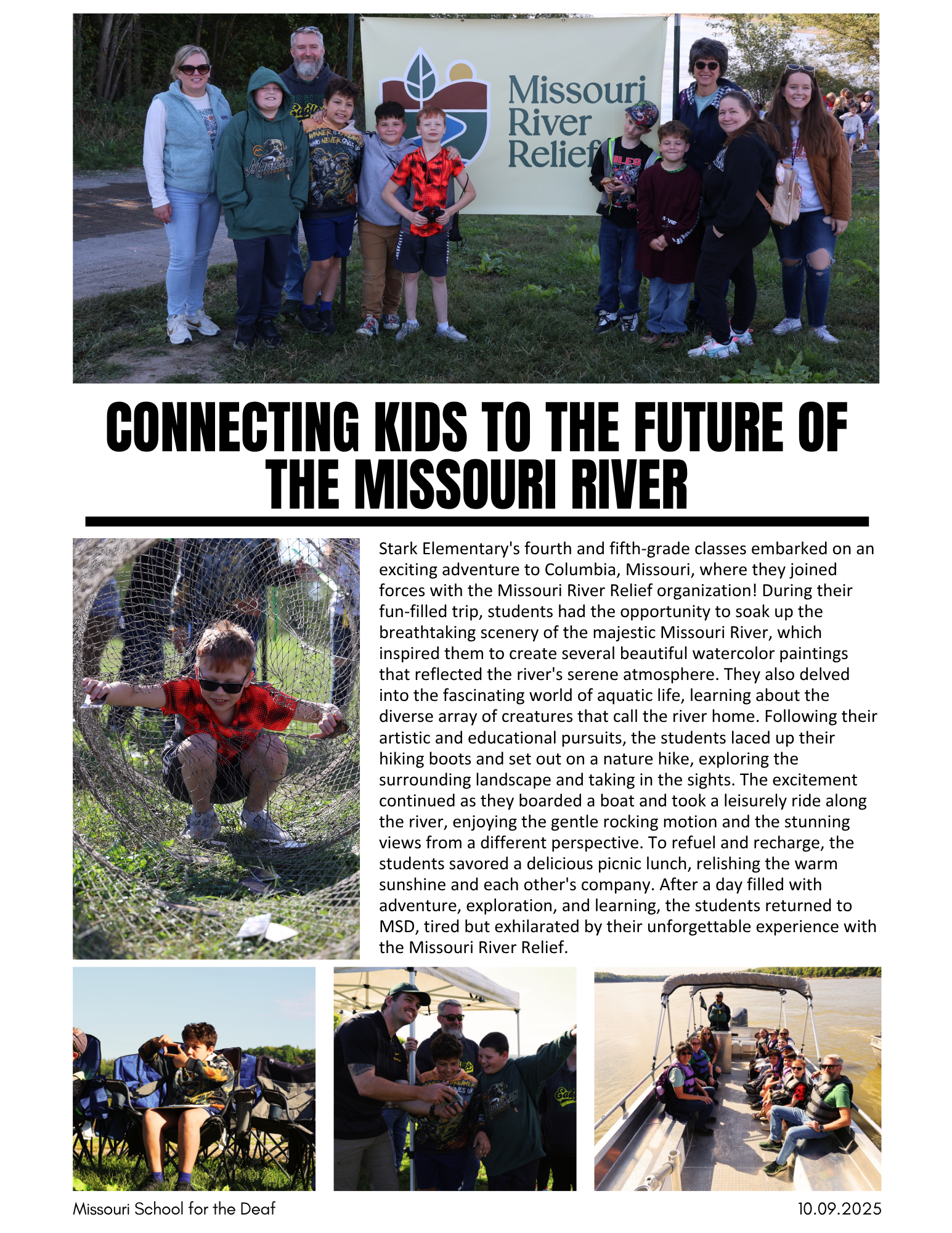 Article on the Missouri River Relief field trip for fourth and fifth graders, it includes photos from their day.