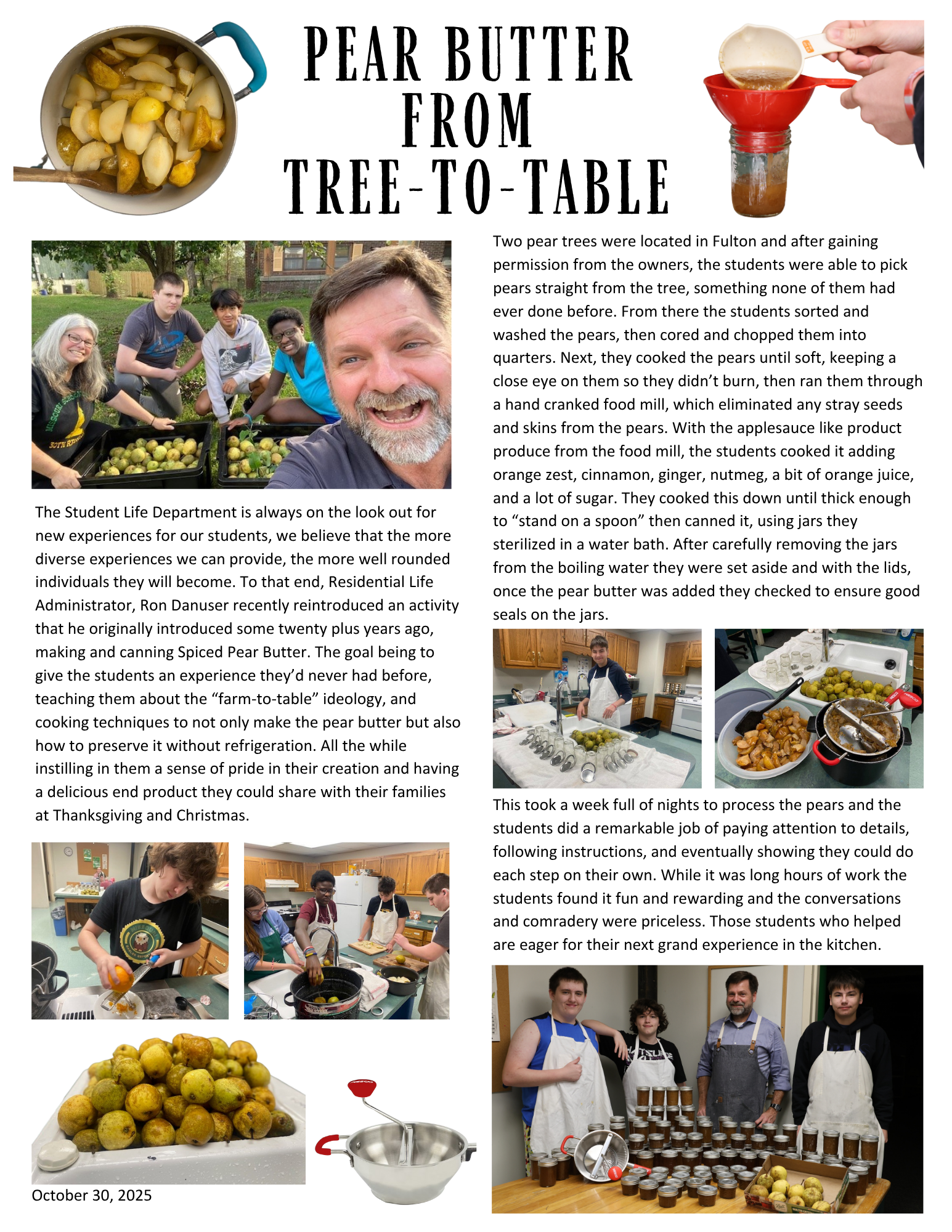 Article on the student life department canning pear butter with photos of the process included.